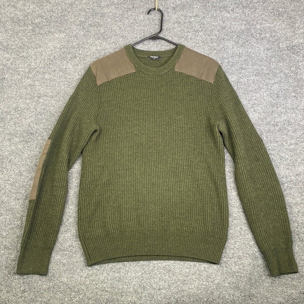 Ron Dorff Mens 100% Wool Ribbed Military Sweater Olive Green Patches L 08SW1502